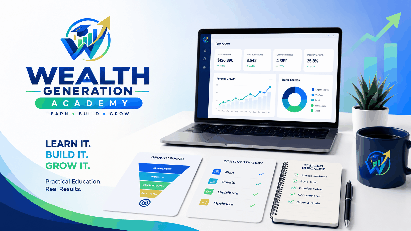 Wealth Generation Academy workspace: a laptop dashboard beside a growth funnel, content strategy and systems checklist